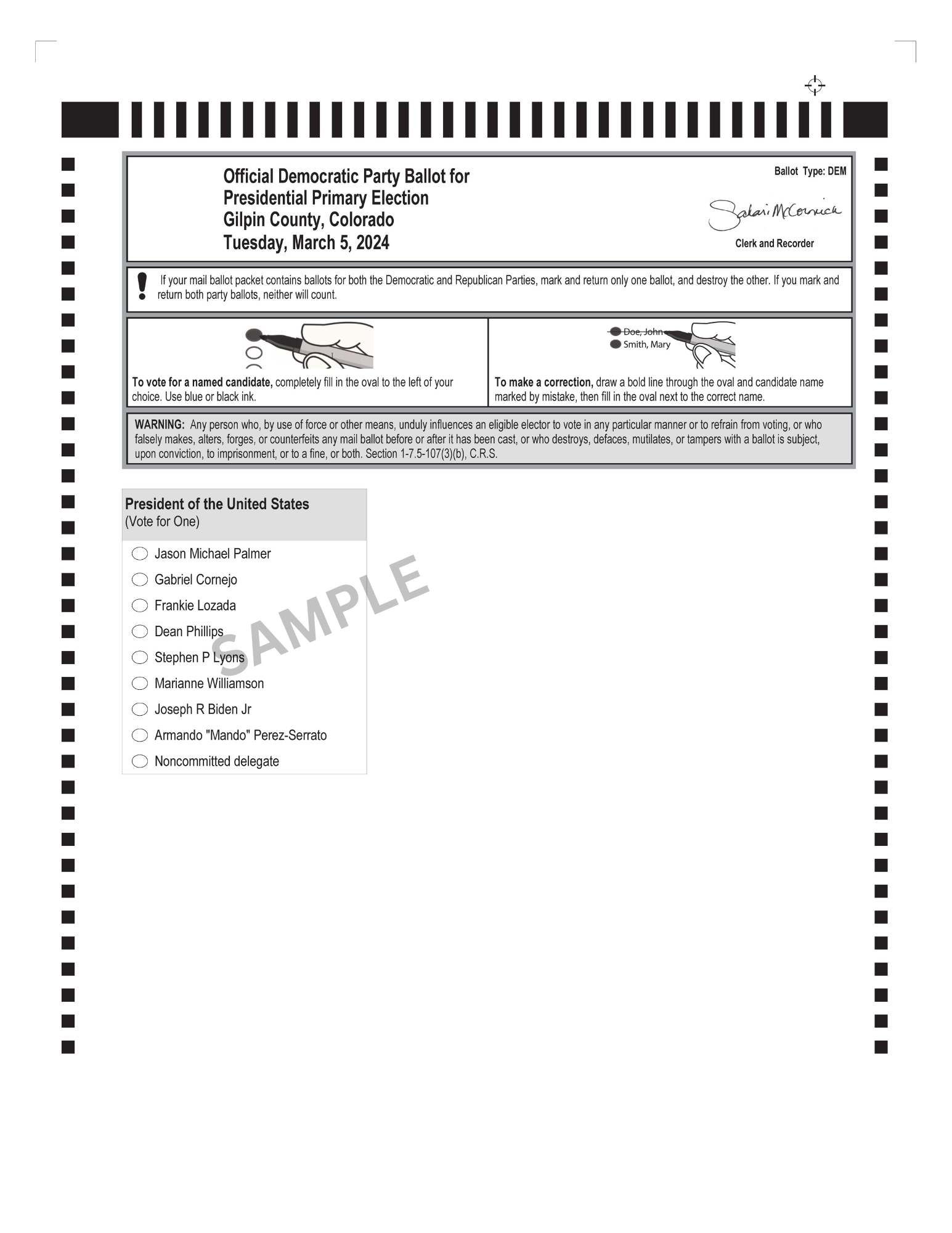 Dem Sample Ballot March 2024 Gilpin County